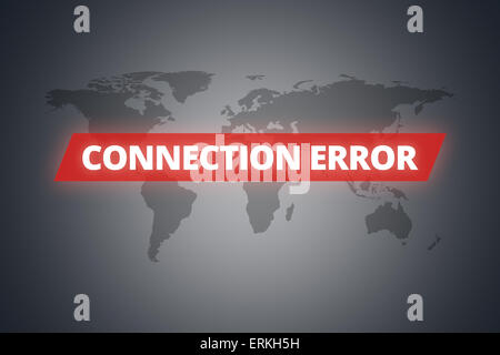 Connection error message on technological screen on dark world map background. Stock Photo