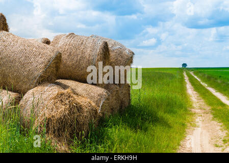 Countryside scene with hay stack on the left and road and field on the right Stock Photo