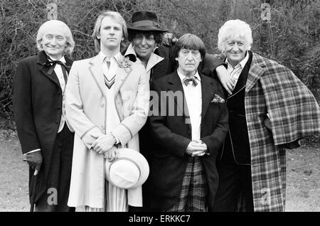 Photocall for special 90 minute Doctor Who episode titled 'The Five Doctors', which will celebrate 20 years of the sci fi series, 17th March 1983.  Peter Davidson - the current doctor will be joined by his predecessors Patrick Troughton the 2nd doctor - Jon Pertwee the 3rd doctor & Tom Baker the 4th doctor will be seen in vintage footage, with the role of the first doctor being played by Richard Hurndall (standing in for the late William Hartnell.    Actor Tom Baker did not attend the photocall & was substituted by his waxwork from Madame Tussauds. Stock Photo