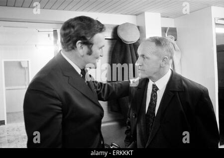 Liverpool are all but  champions of England following their 2-0 victory over close rivals Leeds United at Anfield. Liverpool manager Bill Shankly congratulated by Leeds manager Don Revie in the changing room after the match. 23rd April 1973. Stock Photo