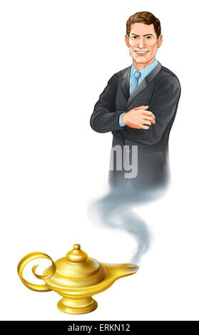 Business concept. A businessman genie coming out of a magic gold lamp like from Aladdin Stock Photo