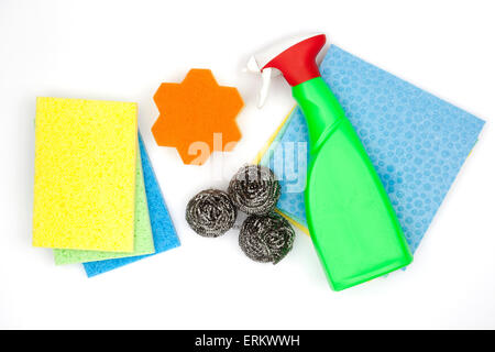 Cleaning product containers and sponges isolated on a white background photographed from above