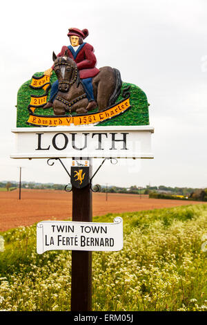 Louth Lincolnshire road sign welcome twin town UK England signs rural wolds Stock Photo