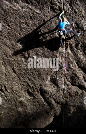 Woman climbing a small crack in Yosemite National Park, California. Stock Photo