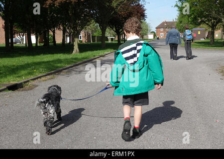 Young boys going to school and dog on lead Stock Photo