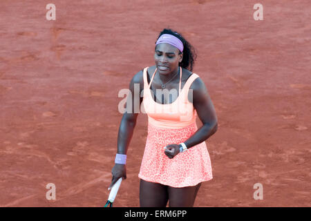 June 4, 2015: Serena Williams of United States of America celebrates after winning a Semifinal match against Timea Bacsinszky of Switzerland on day twelve of the 2015 French Open tennis tournament at Roland Garros in Paris, France. Williams won 46 63 60. Sydney Low/Cal Sport Media. Stock Photo