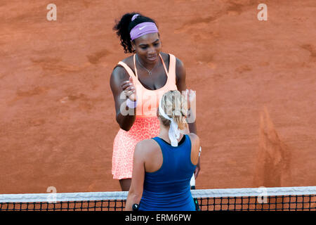 June 4, 2015: Serena Williams of United States of America celebrates after winning a Semifinal match against Timea Bacsinszky of Switzerland on day twelve of the 2015 French Open tennis tournament at Roland Garros in Paris, France. Williams won 46 63 60. Sydney Low/Cal Sport Media.