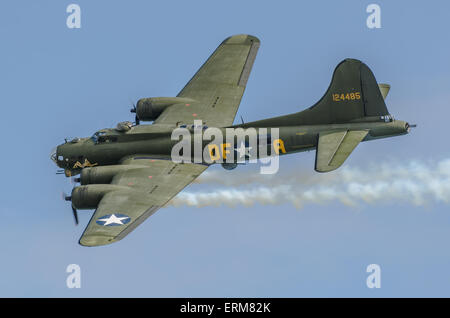 Sally B is the name of an airworthy 1945 built Boeing B-17G Flying Fortress & is the only airworthy B-17 left flying in Europe. Simulating engine fire Stock Photo