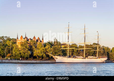 View of the af Chapman hostel sailing ship, on Skeppsholmen island, Stockholm- Stock Photo