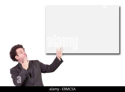 Shocked man in a suit shows a hand on the sign Stock Photo