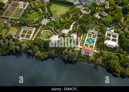 Waikato River and Hamilton Gardens, Hamilton, Waikato, North Island, New Zealand - aerial Stock Photo