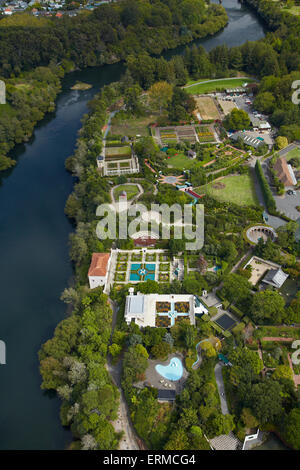 Waikato River and Hamilton Gardens, Hamilton, Waikato, North Island, New Zealand - aerial Stock Photo