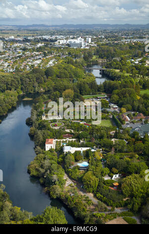 Waikato River and Hamilton Gardens, Hamilton, Waikato, North Island, New Zealand - aerial Stock Photo