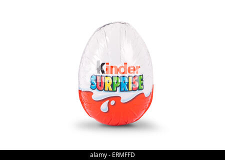 ISTANBUL, TURKEY - MARCH 8, 2015 : Kinder Surprise, chocolate egg with a small toy inside, manufactured by Ferrero, isolated on  Stock Photo