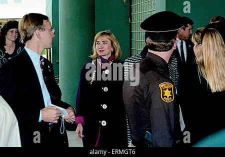 Ann Arbor, Michigan Oct. 1992 Hillary Clinton walking out of the Hotel in Ann Arbor, Michigan before going to the debate at the University of Michigan. Stock Photo