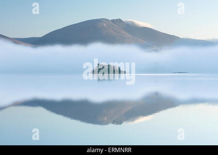 Derwent Water Blencathra and Skiddaw with mist over the lake in March 2015. Stock Photo