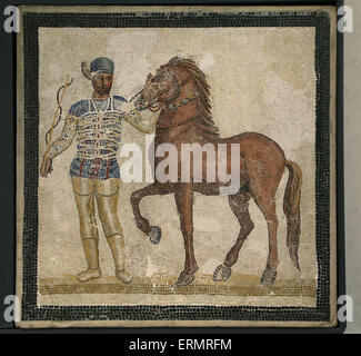 Pavement mosaic with a circus charioteer of the veneta (blue) faction. 3rd c AD. National Roman Museum. Palace Massimo. Rome Stock Photo