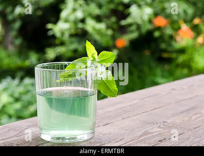 water glass with mint on a wooden table Stock Photo