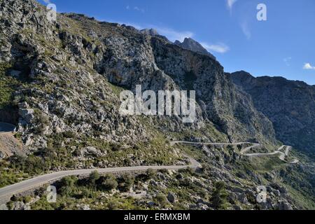 Serpentine road in the bay of Sa Calobra, Majorca, Balearic Islands, Spain Stock Photo