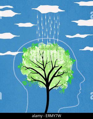 head silhouette with tree and rain  digital illustration Stock Photo