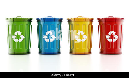 Green, blue, yellow and red recycle bins isolated on white background Stock Photo