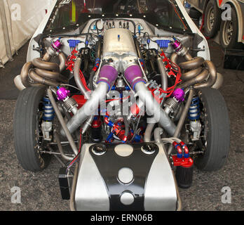 Pro Mod Dragster Plymouth Duster, with 521 cubic inch or 8.5 litre twin turbocharged engine. Stock Photo