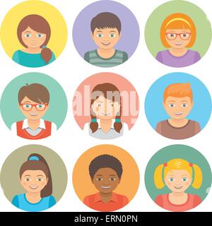 Set of modern flat stylized vector avatars of different happy smiling kids in colored circles. Round portraits of boys and girls Stock Vector