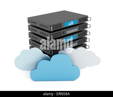Cloud computing concept with server rack and cloud shapes. 3D ...