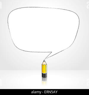 Yellow Lead Pencil with Reflection Drawing Smooth Irregular Shaped Speech Bubble on Pale Background Stock Photo