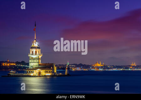 Picturesque night view over Maiden's Tower or Kiz Kulesi, Uskudar, Istanbul, Turkey Stock Photo