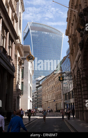 View down Lombard Street looking towards  the Walkie-Talkie Building (20 Fenchurch Street), City of London, U.K. Stock Photo