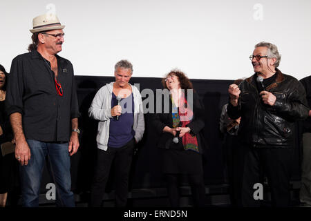 (L to R) Actor Paul Johnstone, Australian actor Tim Burns, Australian actress Joanne Samuel and the Australian film director George Miller from the original Mad Max movie (1979) speak to the audience during the ''Mad Max: Fury Road'' stage greeting in downtown Tokyo on June 5, 2015. The movie hits the theaters across Japan on June 20th. (Photo by Rodrigo Reyes Marin/AFLO) Stock Photo