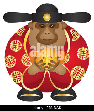 2016 Chinese Lunar New Year Money God Monkey Zodiac with Gold Bars and Chinese Text Symbol of Money and Treasure Color Illustrat Stock Photo