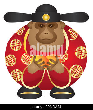 2016 Chinese Lunar New Year Money God Monkey Zodiac with Oranges and Chinese Text Symbol of Longevity Color Illustration Stock Photo