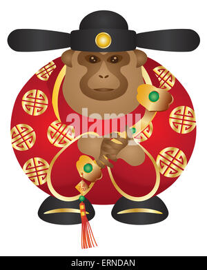 2016 Chinese Lunar New Year Money God Monkey Zodiac with Ruyi Scepter and Chinese Text of Money and Prosperity on Tag Color Illu Stock Photo