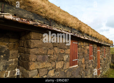 Typical rural building with natural grass roof and silver birch rafters in Torshavn, Faroe Islands Stock Photo