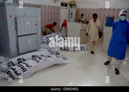 Dead bodies found in Kalat are being kept at Morgue of Civil Hospital in Quetta on Friday, June 05, 2015. Nine unidentified dead bodies found in Kalat, are well deadly shot by criminals. Stock Photo
