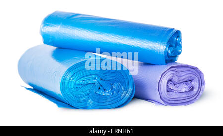 Multicolored rolls of plastic garbage bags isolated on white background Stock Photo