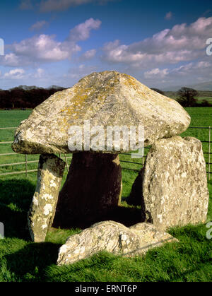 Exposed chamber of Bodowyr Neolithic passage grave, Anglesey, looking ENE: circular cairn & entrance passage removed by farming. Stock Photo