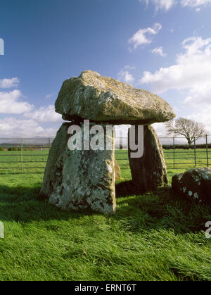 Exposed chamber of Bodowyr Neolithic passage grave, Anglesey, looking SE: circular cairn & entrance passage removed by farming. Stock Photo