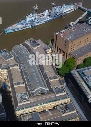 Looking down onto The Hay's Galleria and HMS Belfast on the River Thames, London, UK, from The Shard. Stock Photo