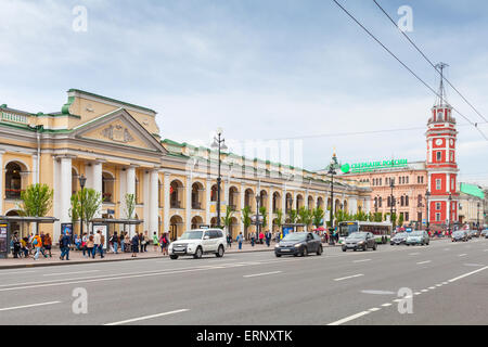 Saint-Petersburg, Russia - May 26, 2015: Nevsky prospect, cityscape with the Great Gostiny Dvor facade and clock tower in St. Pe Stock Photo