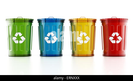 Green, blue, yellow and red recycle bins isolated on white background Stock Photo