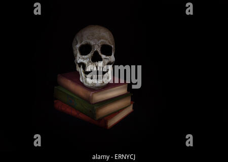 A vintage skull sits beside a stack of old novels; image created with a light painting technique Stock Photo