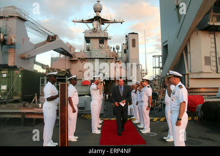 Manado, Indonesia. 05th June, 2015. US Consulate General in Surabaya, Mr.Joaquin F Monserrate, was on the deck of a warship destroyer USS Rushmore of the United States, was anchored in the Bay of Manado. Warship carrying 700 crew who is also the American naval troops, it will be anchored in Manado for 4 days, to conduct social activities. Credit:  Daniel Tehupuring/Pacific Press/Alamy Live News Stock Photo