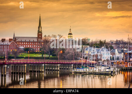 Annapolis, Maryland, USA State House and St. Mary's Church viewed over Annapolis Harbor and Compromise Bridge.