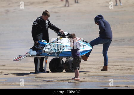 Fistral Beach, Newquay, Cornwall, UK. 6th June, 2015. Professional jetski riders compete at the IFWA World Tour Jet Ski Championship at Newquay's Fistral Bay. Day two of the Rippin H2O event saw impressive tricks from freeriders. The three day event end on June 7th 2015. Credit:  Nicholas Burningham/Alamy Live News Stock Photo