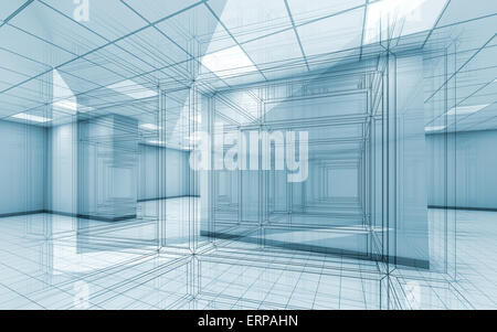 Abstract blue office room interior background with wire-frame lines, 3d illustration Stock Photo