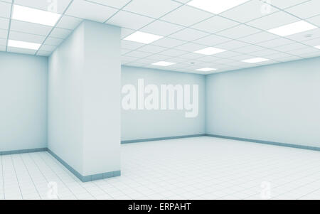 Abstract empty white office room interior with ceiling illumination and floor tiling, 3d illustration Stock Photo