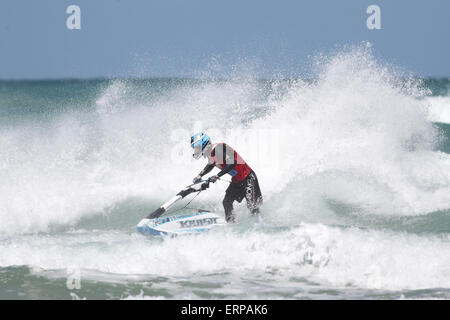 Fistral Beach, Newquay, Cornwall, UK. 6th June, 2015. Professional jestski riders compete at the IFWA World Tour Jet Ski Championship at Newquay's Fistral Bay. Day two of the Rippin H2O event saw impressive tricks from freeriders. The three day event end on June 7th 2015. Credit:  Nicholas Burningham/Alamy Live News Stock Photo